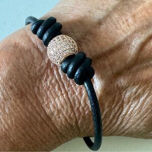 Sundance Black Leather and Rose Gold Diamond Swarovski Crystal Bracelet NEW